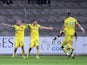 Nantes' US midfielder Alejandro Bedoya celebrates with his teammates after scoring a goal during a French L1 football match Ajaccio v Nantes on October 19, 2013