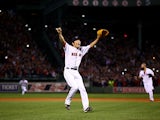 Koji Uehara #19 of the Boston Red Sox celebrates after defeating the Detroit Tigers in Game Six of the American League Championship Series at Fenway Park on October 19, 2013