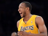 Chris Duhon of the Los Angeles Lakers reacts to his three pointer during a 104-87 win over the Portland Trail Blazers at Staples Center on December 28, 2012