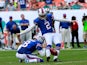 Dan Carpenter of the Buffalo Bills kicks a field goal in the last minute against the Miami Dolphins on October 20, 2013