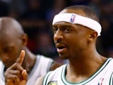 Jason Terry of the Boston Celtics celebrates after making a two-point shot in overtime against the New York Knicks on April 28, 2013