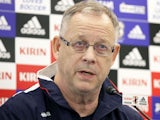 Iceland team head coach Lars Lagerback speaks during a press conference ahead of the Kirin Challenge Cup international friendly match against Japan at Nagai Stadium on February 23, 2012