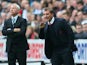 Manager Alan Pardew of Newcastle United and Manager Brendan Rodgers of Liverpool give instructions from the touchline during the Barclays Premier League match between Newcastle United and Liverpool at St James' Park on October 19, 2013