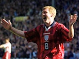 Paul Scholes celebrates scoring for England against Poland at Wembley in March 1999.