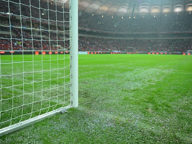 General view of the pitch during the rain before the FIFA 2014 World Cup Qualifier between Poland and England at the National Stadium on October 16, 2012