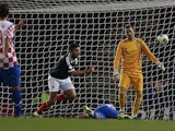 Robert Snodgrass of Scotland scores a goal during the World Cup 2014 qualifying football match between Scotland and Croatia at Hampden Park in Glasgow on October 15, 2013