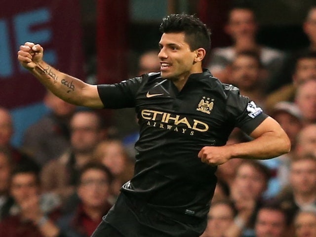 Sergio Aguero of Manchester City celebrates scoring the opening goal during the Barclays Premier League match between West Ham United and Manchester City on October 19, 2013
