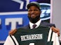 Sheldon Richardson of the Missouri Tigers holds up a jersey on stage after he was picked overall by the New York Jets in the first round of the 2013 NFL Draft at Radio City on April 25, 2013
