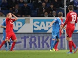 Leverkusen's Stefan Kiessling reacts after he thinks he missed a chance but the referee awarded the goal, 2-0, despite angry protests during the German first division Bundesliga football match TSG 1899 Hoffenheim vs Bayer 04 Leverkusen in Sinsheim, German