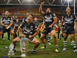 Issac Luke of the Kiwis leads the haka after winning the 2008 Rugby League World Cup Final match between the Australian Kangaroos and the New Zealand Kiwis at Suncorp Stadium on November 22, 2008