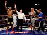 Anthony Joshua celebrates his victory over Paul Butlin during their Heavyweight bout at Motorpoint Arena on October 26, 2013