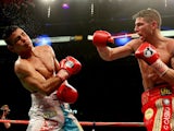 Brian Rose in action with Javier Maciel during their Final Eliminator for WBO World Light Middleweight Championship bout at Motorpoint Arena on October 26, 2013