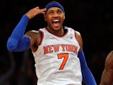 New York Knicks forward Carmelo Anthony celebrates making a three-pointer against the Atlanta Hawks on January 27, 2013