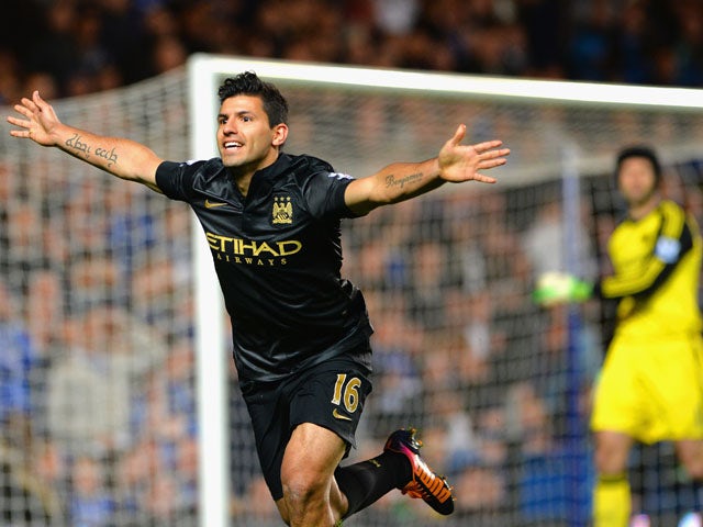 Sergio Aguero of Manchester City celebrates scoring their first goal during the Barclays Premier League match between Chelsea and Manchester City at Stamford Bridge on October 27, 2013