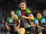 Harlequins's Jack Clifford breaks clear to score his team's second try against Sale on October 26, 2013