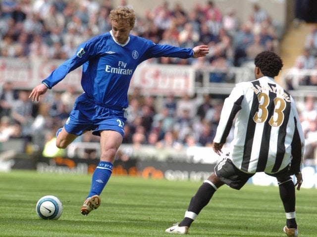 Former Chelsea midfielder Jiri Jarosik shoots for goal against Newcastle United on May 15, 2005.