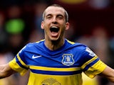 Leon Osman of Everton celebrates after scoring his team's second goal during the Barclays Premier League match between Aston Villa and Everton at Villa Park on October 26, 2013