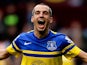 Leon Osman of Everton celebrates after scoring his team's second goal during the Barclays Premier League match between Aston Villa and Everton at Villa Park on October 26, 2013