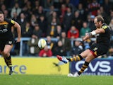 Andy Goode of Wasps kicks a long range penalty during the Aviva Premiership match between London Wasps and Leicester Tigers at Adams Park on October 27, 2013