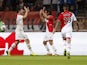 Monaco's Colombian forward Radamel Falcao celebrates with teammates after scoring during the French L1 football match Monaco (ASM) vs Lyon (OL) on October 27, 2013 
