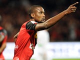 Guingamp's Senegalese midfileder Moustapha Diallo jubilates after scoring during the French L1 football match Guingamp against Ajaccio on October 26, 2013 