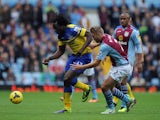 Nathan Baker of Aston Villa in action with Romelu Lukaku of Everton during the Barclays Premier League match between Aston Villa and Everton on October 26, 2013