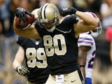 Jimmy Graham #80 of the New Orleans Saints celebrates after scoring a touchdown against the Buffalo Bills at Mercedes-Benz Superdome on October 27, 2013