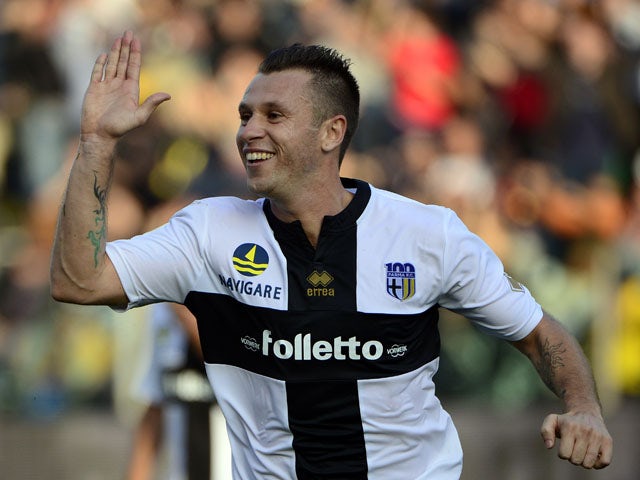 Parma FC 's french forward Antonio Cassano celebrates after scoring during the Italian Serie A football match Parma vs AC Milan, on October 27, 2013