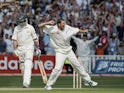 Steve Harmison celebrates the match-winning wicket of Michael Kasprowicz during the second Ashes Test between England and Australia on August 7, 2005