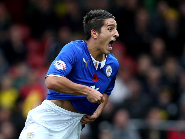 Leicester's celebrates moments after scoring his team's second goal against Watford on November 2, 2013