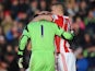Asmir Begovic of Stoke City is congratulated by team-mate Ryan Shawcross after scoring the opening goal during the Barclays Premier League match between Stoke City and Southampton on November 02, 2013