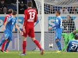 The ball ends up in the net despite going wide of the post during the Bundesliga match between Hoffenheim and Bayer Leverkusen on October 18, 2013