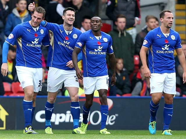 Leicester's Chris Wood is congratulated by teammates after scoring the opening goal against Watford on November 2, 2013