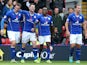 Leicester's Chris Wood is congratulated by teammates after scoring the opening goal against Watford on November 2, 2013
