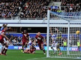QPR's Clint Hill scores his team's second goal against Derby during their Championship match on November 2, 2013