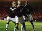 Celebrating with Ryan Giggs and Eric Djemba-Djemba at Middlesbrough in early 2005. Fletcher scored his first United goal that evening.
