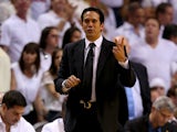 Head coach Erik Spoelstra of the Miami Heat calls out in the third quarter while taking on the San Antonio Spurs during Game Seven of the 2013 NBA Finals at AmericanAirlines Arena on June 20, 2013