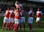 Fleetwood players celebrate after scoring the first goal from the penalty spot during the Sky Bet League two match between Fleetwood Town and Newport County at Highbury Stadium on November 02, 2013