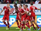 Bayern's Franck Ribery celebrates with teammates after scoring the equaliser against Hoffenheim on November 2, 2013