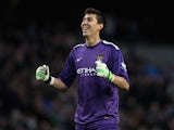Costel Pantilimon of Manchester City celebrates during the Barclays Premier League match between Manchester City and Norwich City at Etihad Stadium on November 2, 2013