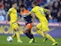 Montpellier's French midfielder Morgan Sanson advances with the ball past Nantes' French midfielders Lucas Deaux and Banel Nicolita during the French L1 football match between Montpellier and Nantes at the Mosson stadium in Montpellier, southe