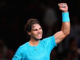 Rafael Nadal celebrates his win over Marcel Granollers during round two of the Paris Masters on October 30, 2013