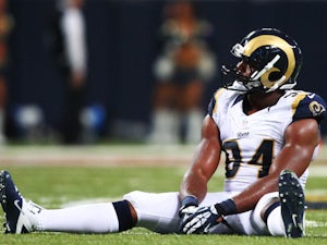 Robert Quinn of the St. Louis Rams reacts to a touchdown by Frank Gore of the San Francisco 49ers in the second quarter at Edward Jones Dome on September 26, 2013