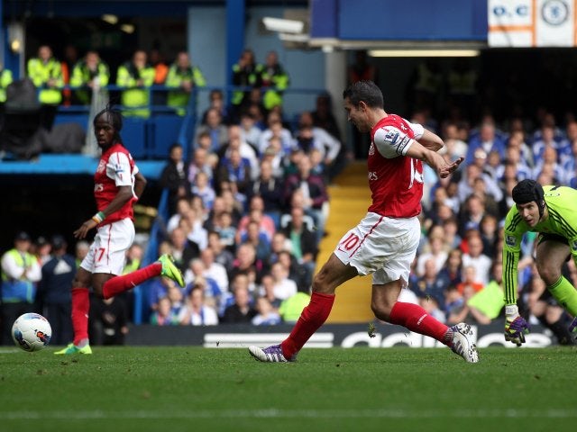 Robin van Persie celebrates scoring Arsenal's opening goal at Stamford Bridge on October 29, 2011.