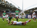 England's Ryan Hall scores his second try against Ireland during their World Cup Group A match on November 2, 2013