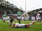 England's Ryan Hall scores his second try against Ireland during their World Cup Group A match on November 2, 2013