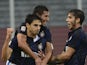 Inter Milan's defender Andrea Ranocchia celebrates with teammates after scoring during the Italian seria A football match Udinese vs Inter Milan, on November 3, 2013