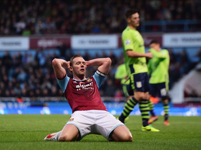 Kevin Nolan of West Ham United reacts after a chance at goal during the Barclays Premier League match between West Ham United and Aston Villa at the Boleyn Ground on November 2, 2013