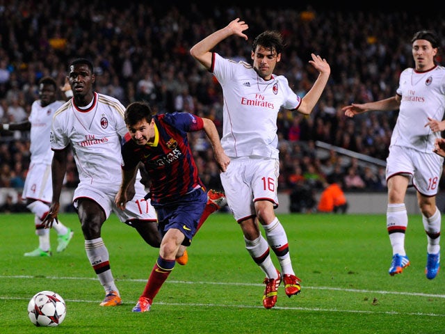Lionel Messi of FC Barcelona duels for the ball with Andrea Poli and Cristian Zapata of AC Milan during the UEFA Champions League Group H match Between FC Barcelona and AC Milan at Camp Nou on November 6, 2013 