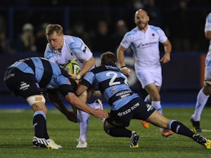 Worcester player Jake Abbott runs into the Blues defence during the LV = Cup round one fixture between Cardiff Blues and Worcester Warriors at Cardiff Arms Park on November 8, 2013